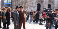 MILAN, ITALY - APRIL 15, 2017: Unidentified actors shooting a history film at Piazza del Duomo square in front of Milan Cathedral (Duomo di Milano).
